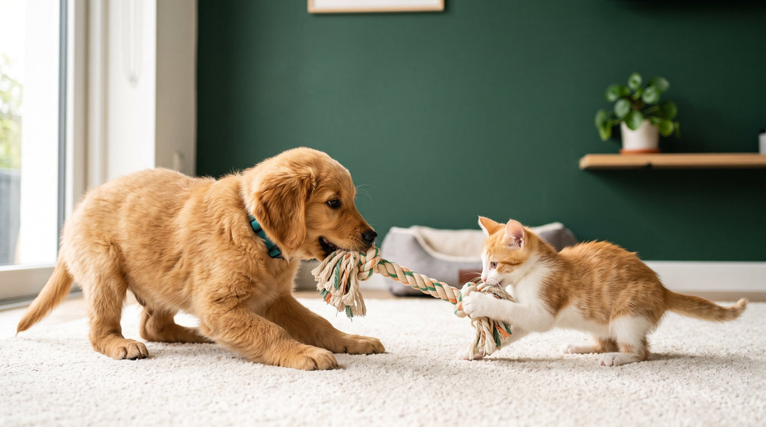Golden Retriever puppy and kitten together