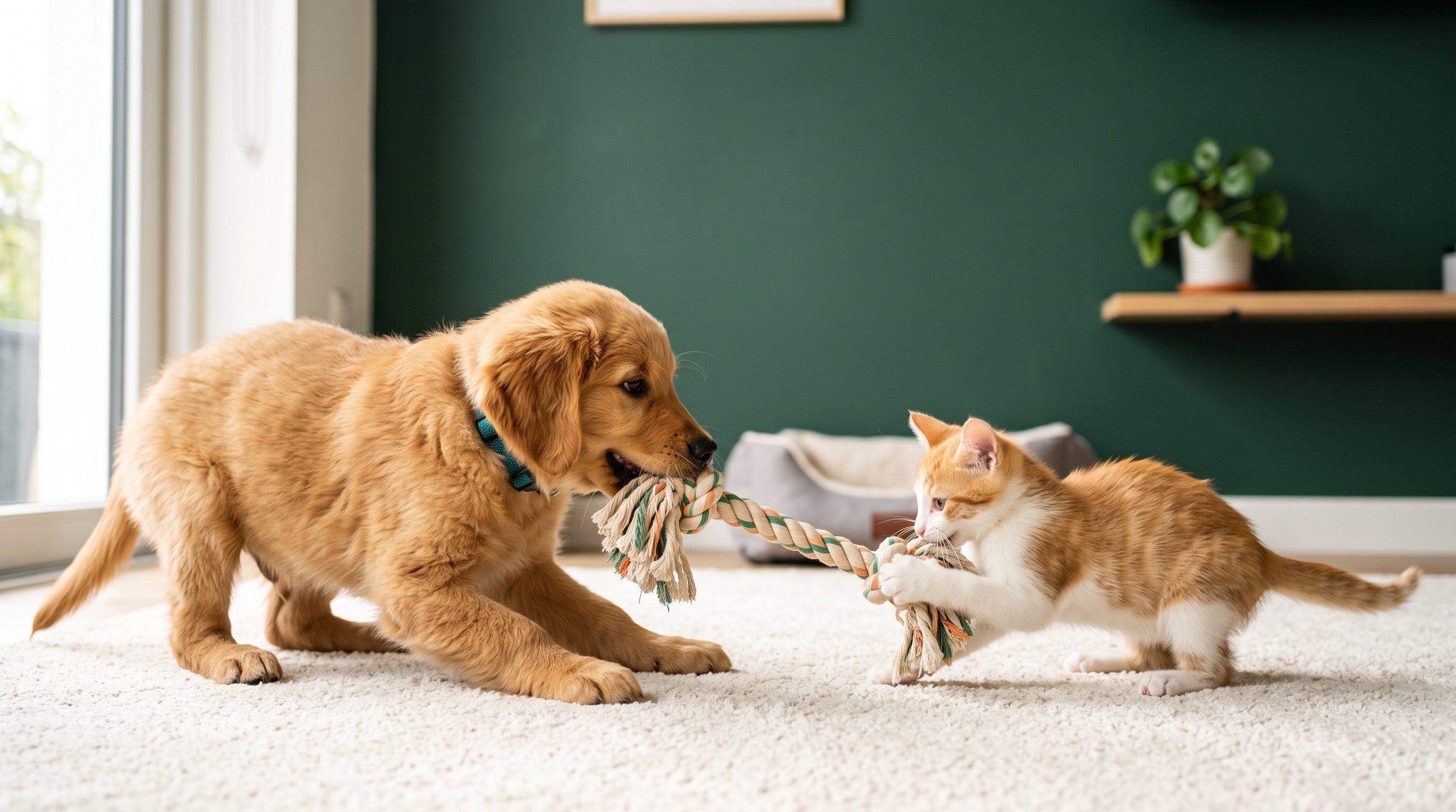 Golden Retriever puppy and kitten together