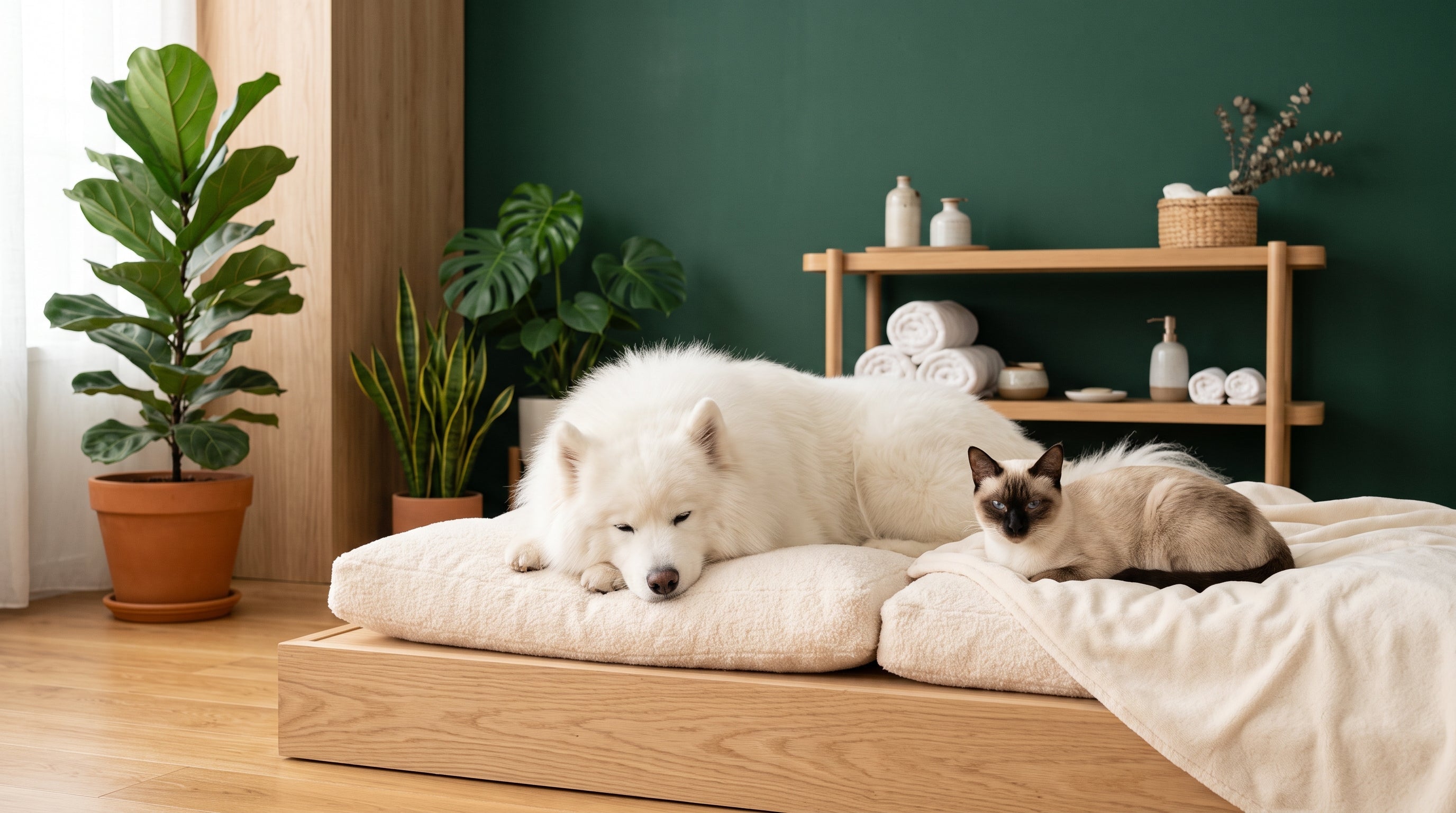 Cat and dog relaxing together indoors during summer